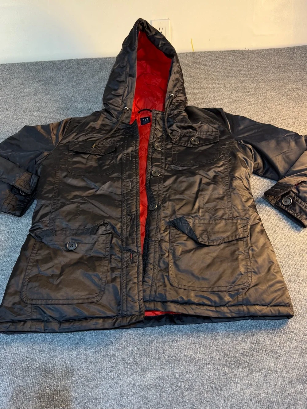 GAP Black Hooded Puffer Jacket with Red Lining